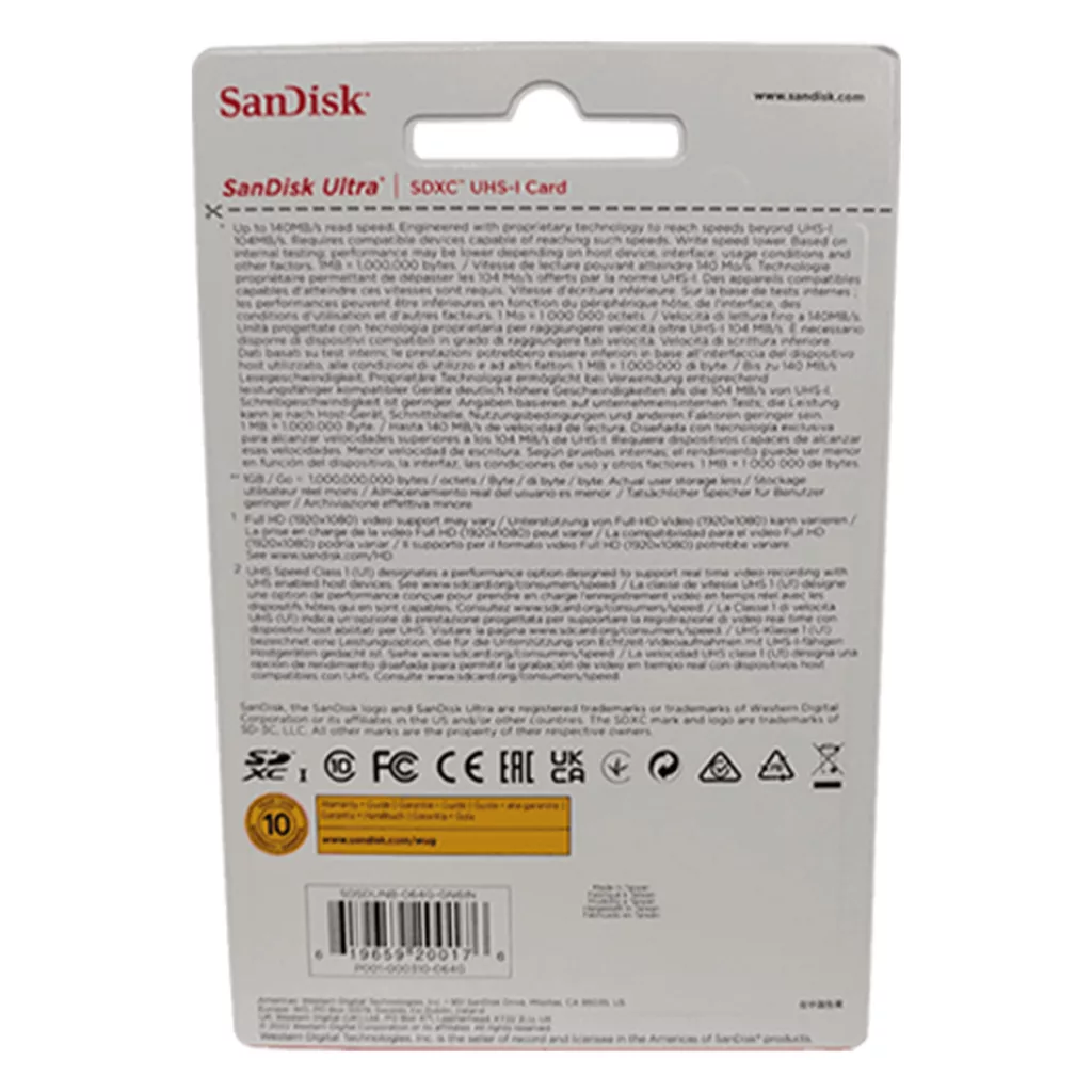 کارت حافظه SDXC سن دیسک مدل Ultra کلاس 10 استاندارد UHS-I U1 سرعت 140MBps ظرفیت 64 گیگابایت
