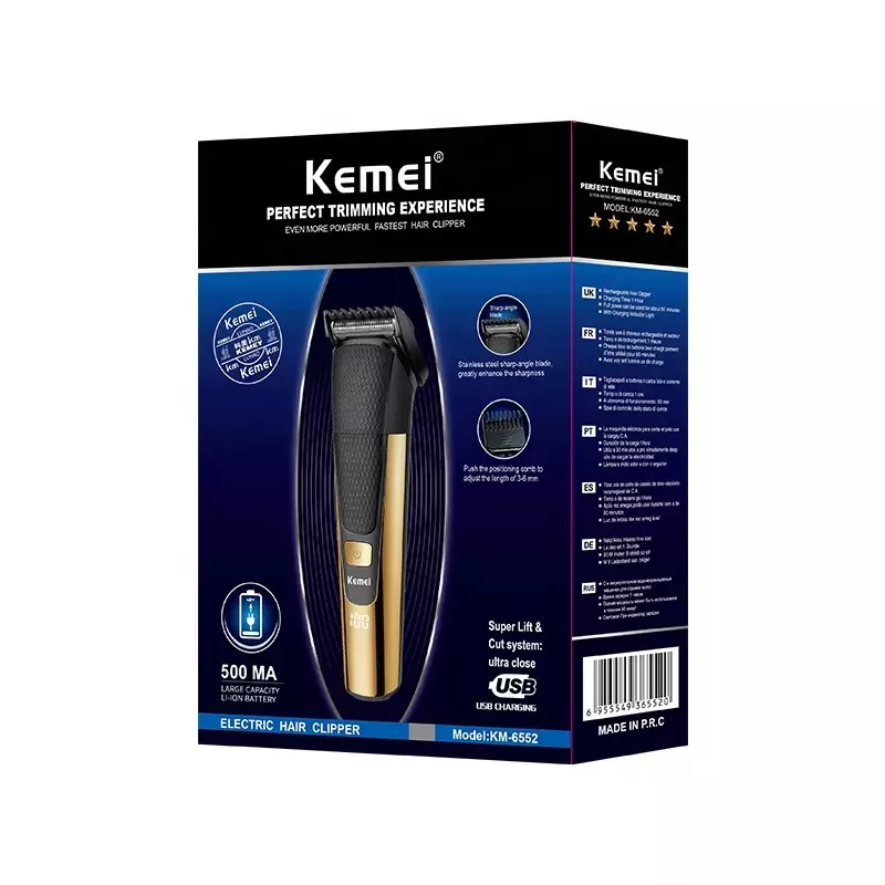 ماشین اصلاح موی سر و صورت کیمی مدل KM-6552، اصلاح به صورت خط زن، نمایش وضعیت باتری، منبع انرژی با باتری، تکنولوژی اصلاح به صورت برش مستقیم، اندازه اصلاح 0.5 تا 12 میلی‌متر، مدت زمان شارژ 120 دقیقه و مدت زمان استفاده پس از شارژ 90 دقیقه، به همراه برس