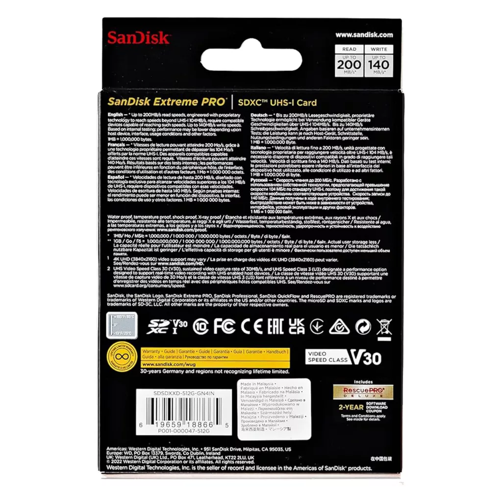 کارت حافظه SDXC سن دیسک مدل Extreme Pro V30 کلاس 10 استاندارد UHS-I U3 سرعت 200mbps ظرفیت 512 گیگابایت