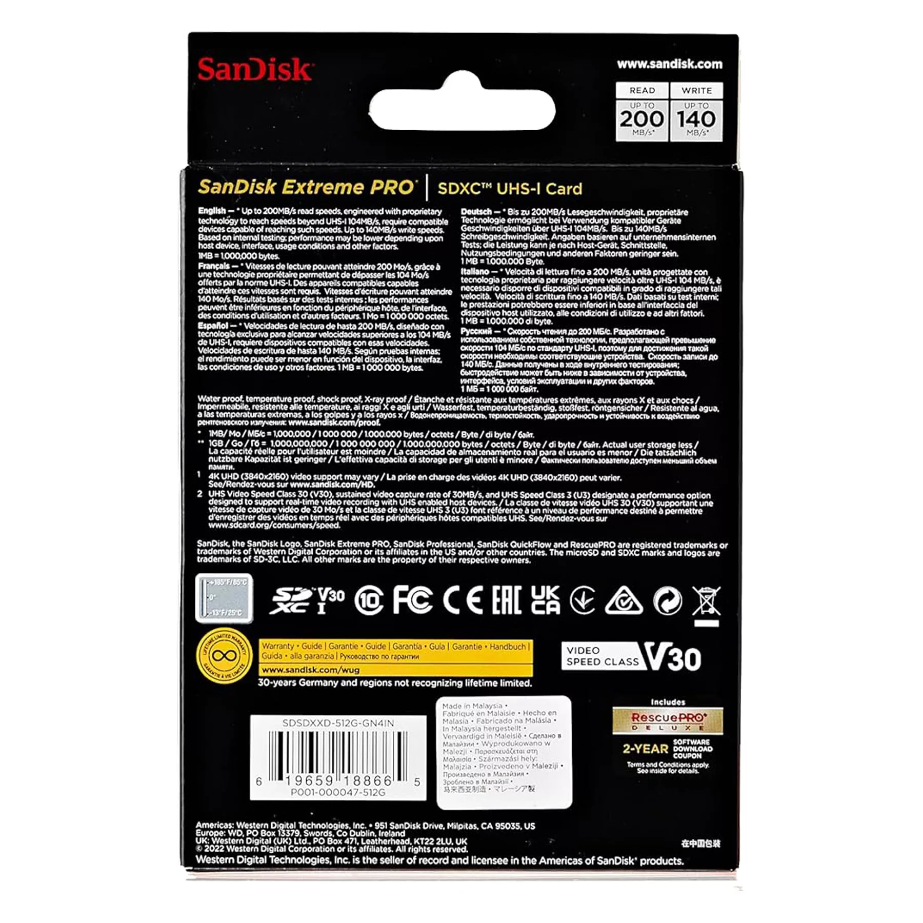 کارت حافظه SDXC سن دیسک مدل Extreme Pro V30 کلاس 10 استاندارد UHS-I U3 سرعت 200mbps ظرفیت 512 گیگابایت