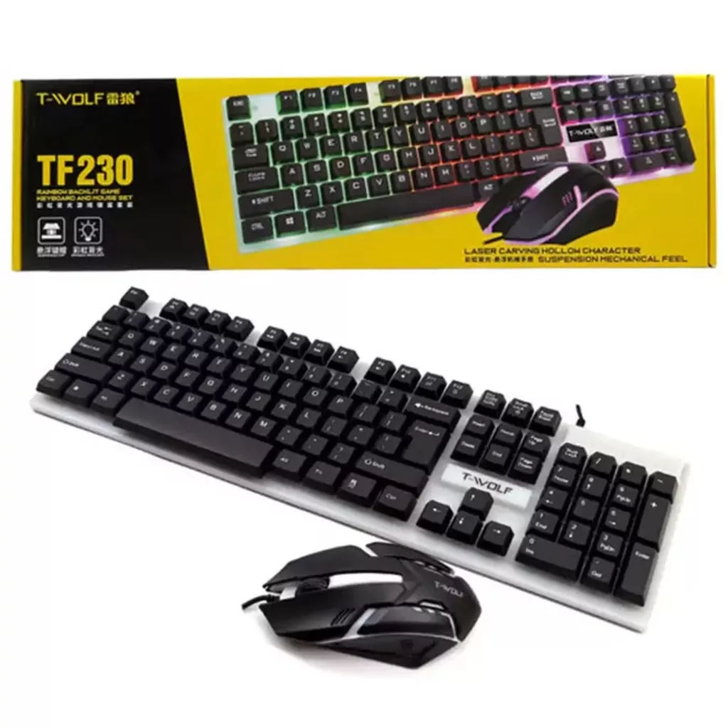کیبورد و موس مخصوص بازی تی ولف مدل TF230، سوییچ ممبران، Full size، نورپردازی LED RGB