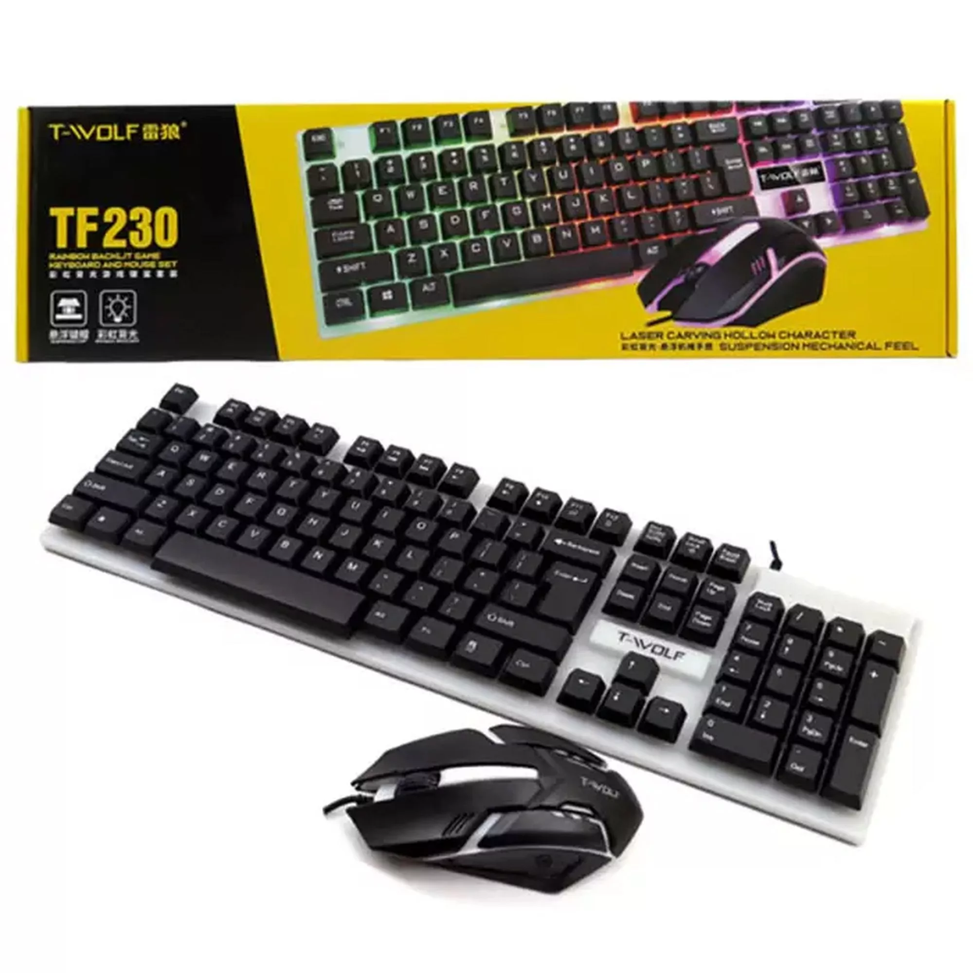 کیبورد و موس مخصوص بازی تی ولف مدل TF230، سوییچ ممبران، Full size، نورپردازی LED RGB