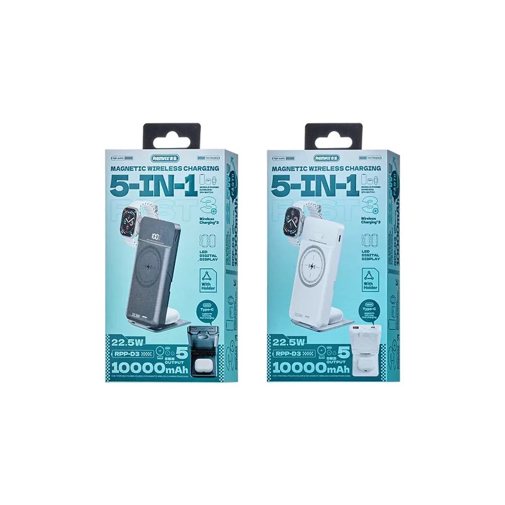 پاوربانک 5کاره بی سیم ریمکس مدل RPP-D3 22.5W ظرفیت 10000 میلی آمپر ساعت