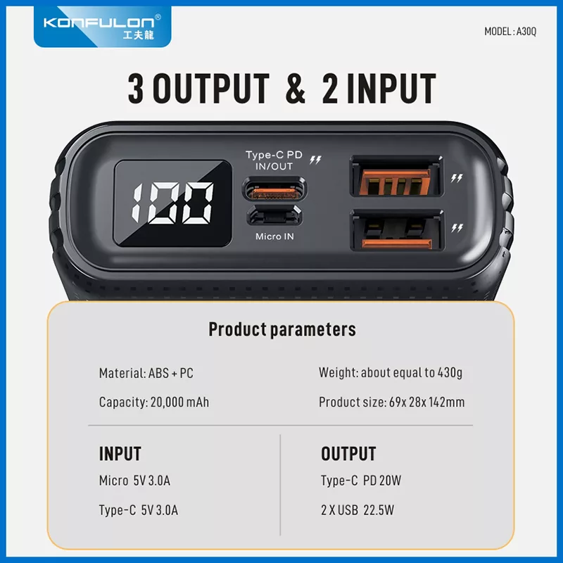 پاوربانک کانفلون مدل A30Q ظرفیت 20000 میلی آمپر ساعت