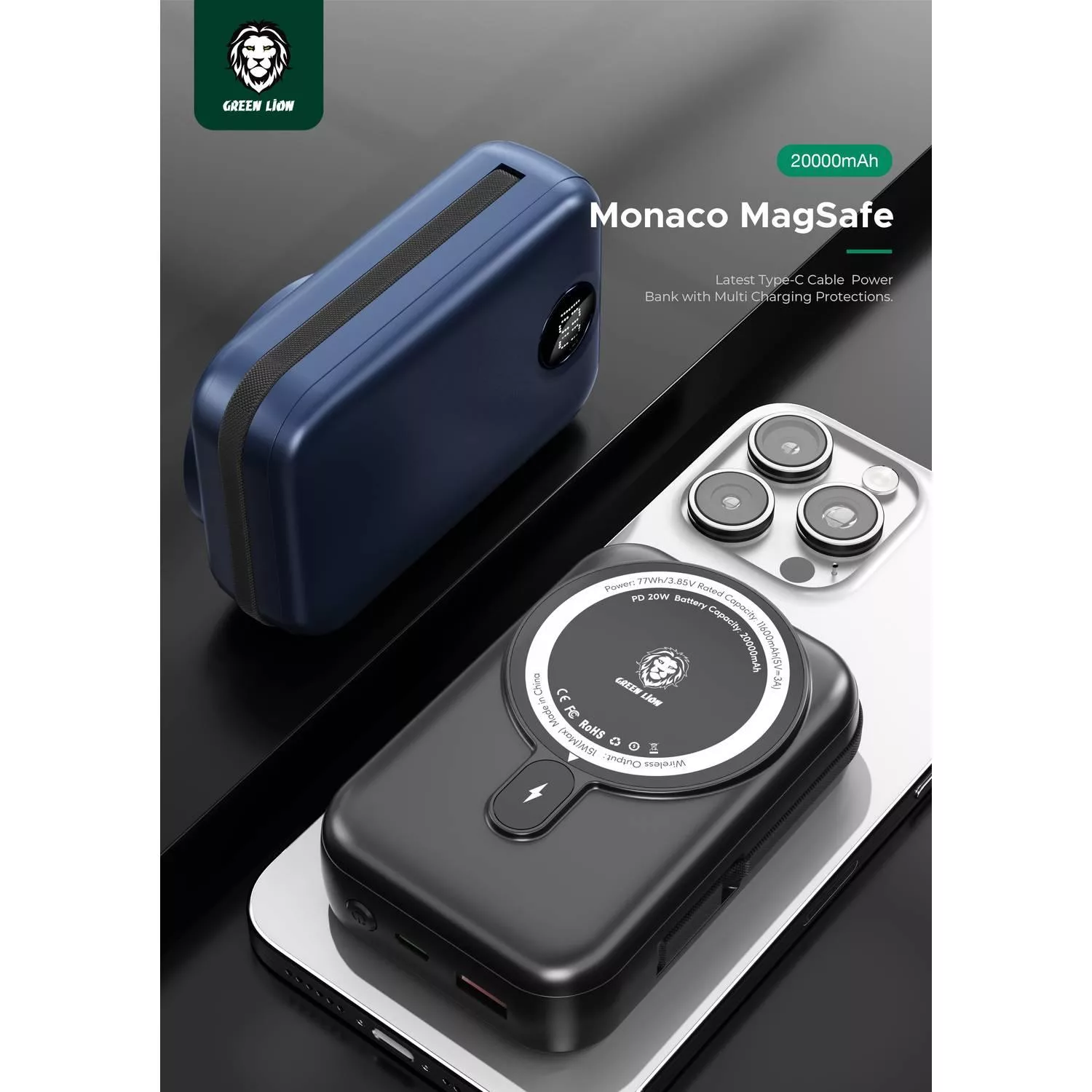 پاوربانک 22.5 وات گرین لاین مدل Monaco MagSafe  ظرفیت 20000 میلی آمپر ساعت