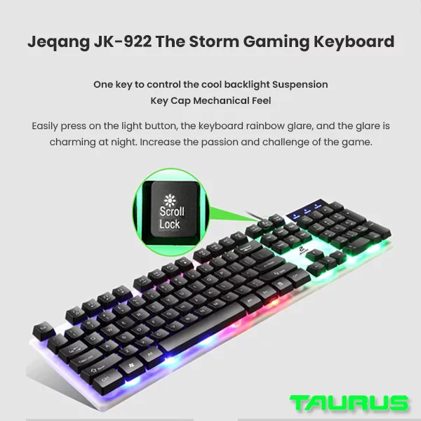 کیبورد مخصوص بازی جکنگ مدل JK_922، سوییچ ممبران ، Full Size، نورپردازی LED RGB