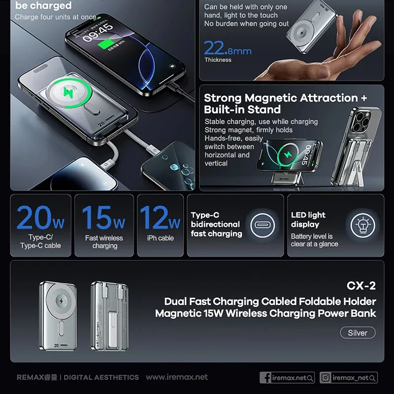 پاور بانک ریمکس مدل مگنتیک وایرلس CX-2 ظرفیت 10000 میلی آمپر ساعت