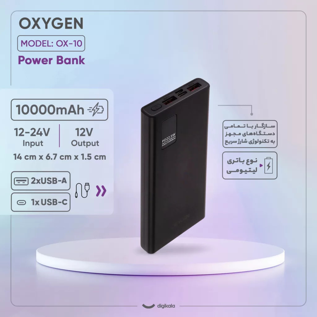 پاوربانک 22.5 وات اکسیژن مدل OX-10 ظرفیت 10000 میلی‌آمپر ساعت