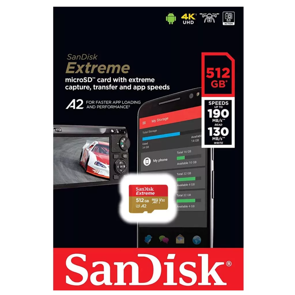 کارت حافظه microSDXC سن دیسک مدل Extreme کلاس A2 استاندارد UHS-I U3 سرعت 190MBps ظرفیت 512 گیگابایت