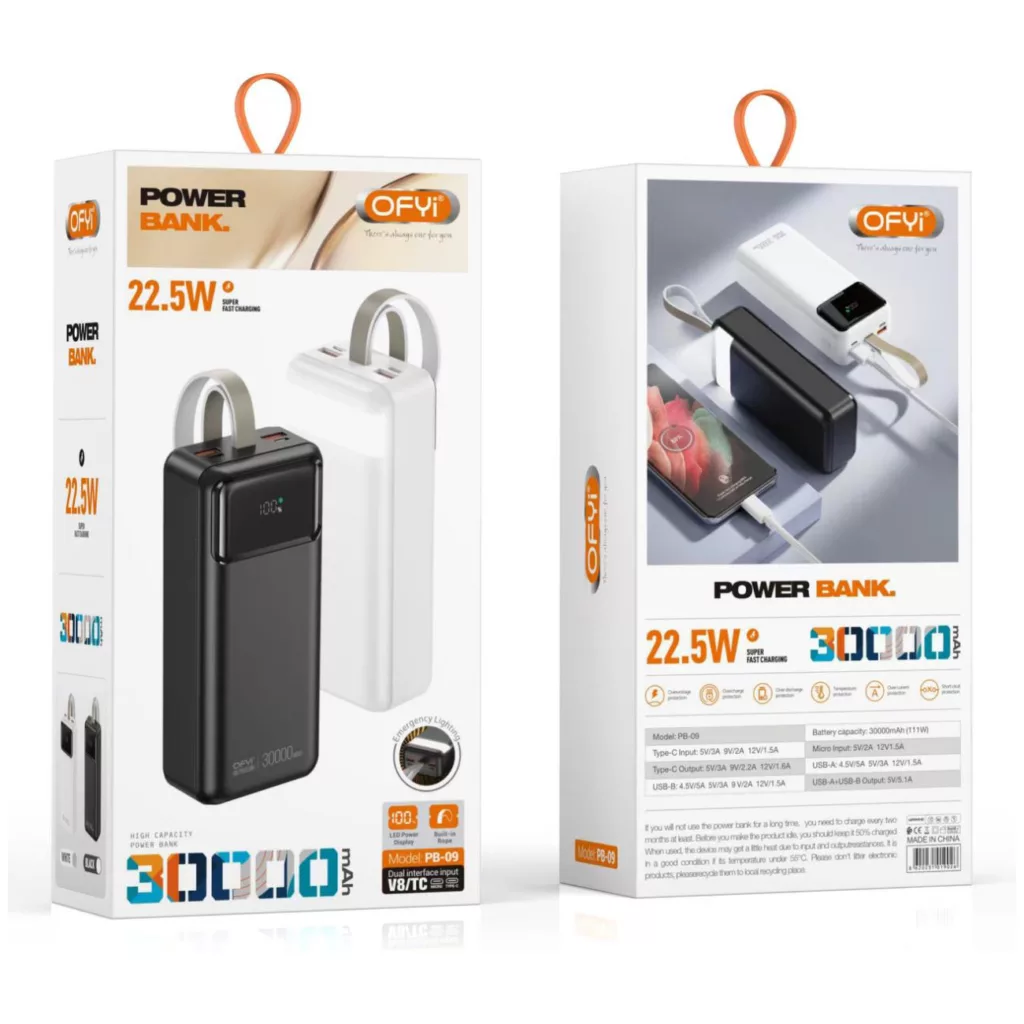 پاوربانک اوفی مدل PB-09 22.5W ظرفیت 30000 میلی آمپر ساعت