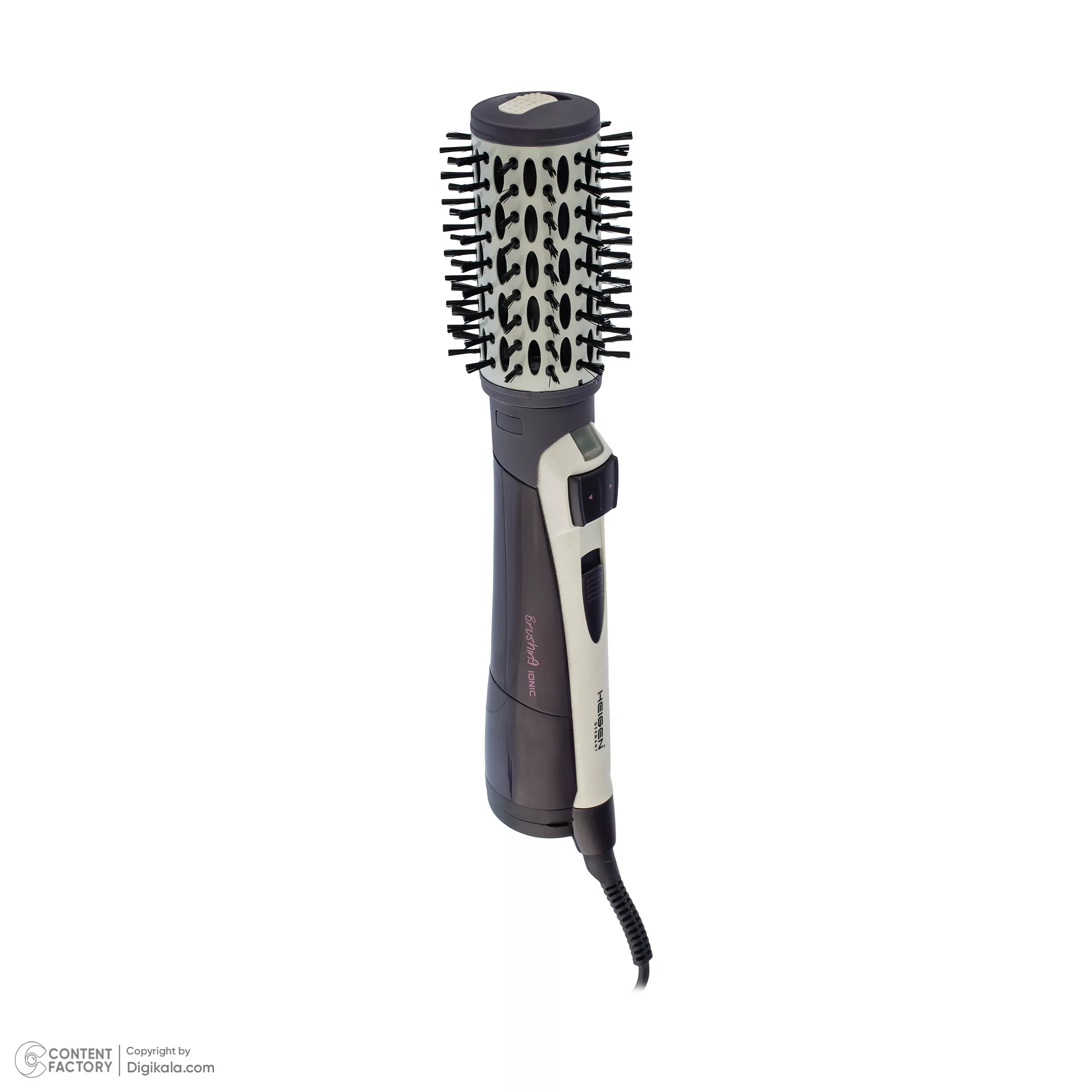 سشوار برس‌دار چرخشی مدل H-9901، موتور AC با توان مصرفی 650 وات، دارای قابلیت باد سرد، فناوری تولید یون، دارای سیم گردان، با حالت صاف‌کننده، حجم‌دهنده، وزن 1000 گرم، تنظیم حرارت 2 حالته و کنترل سرعت 2 حالته، به همراه سری متمرکزکننده پهن و باریک