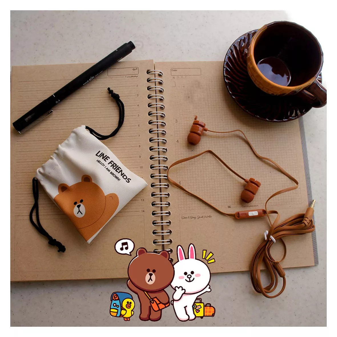 هندزفری طرح فانتزی خرس مدل Line-Friends-XY-02 به همراه کیف هندزفری