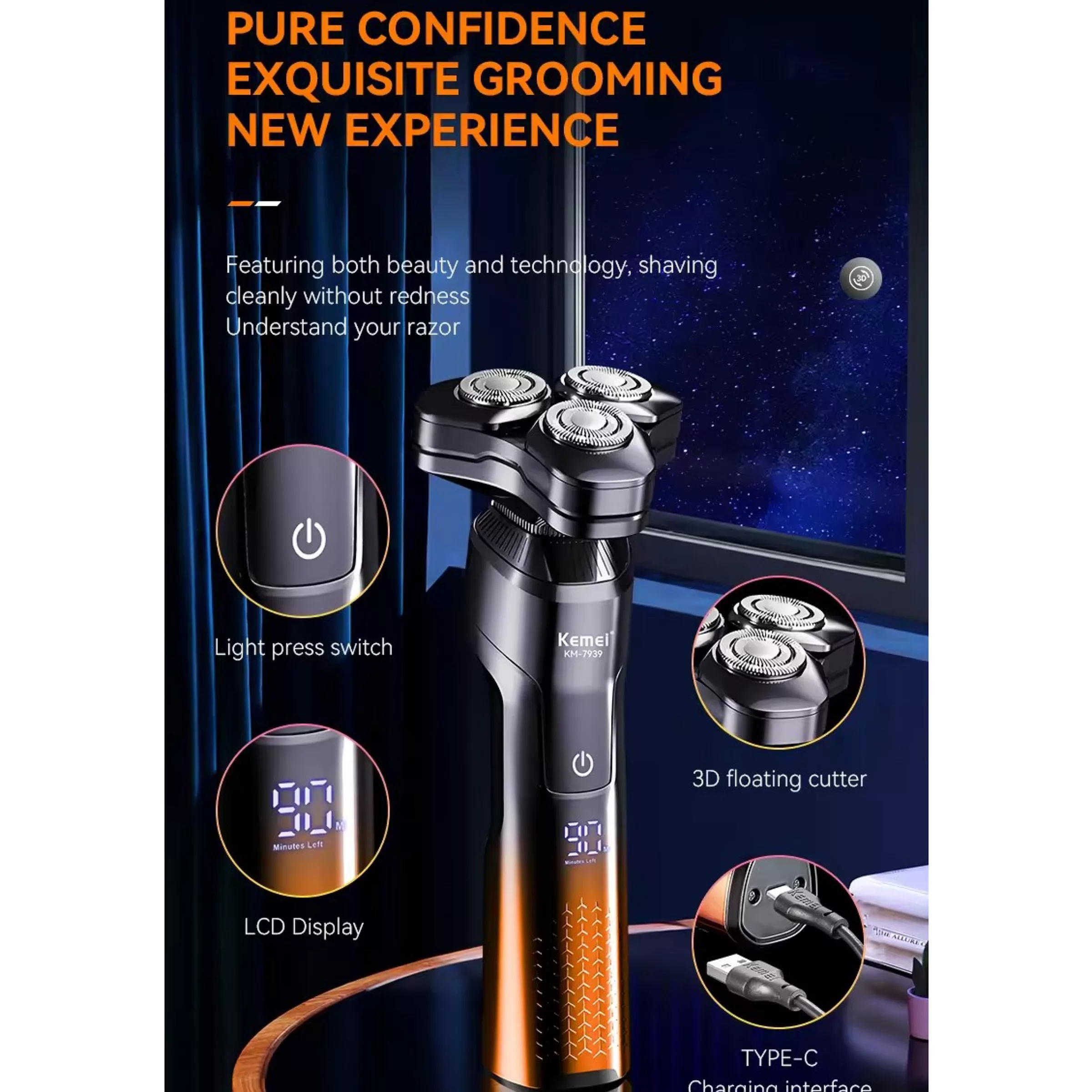 ست ماشین اصلاح موی صورت و بدن کیمی شارژی مدل KM-7939