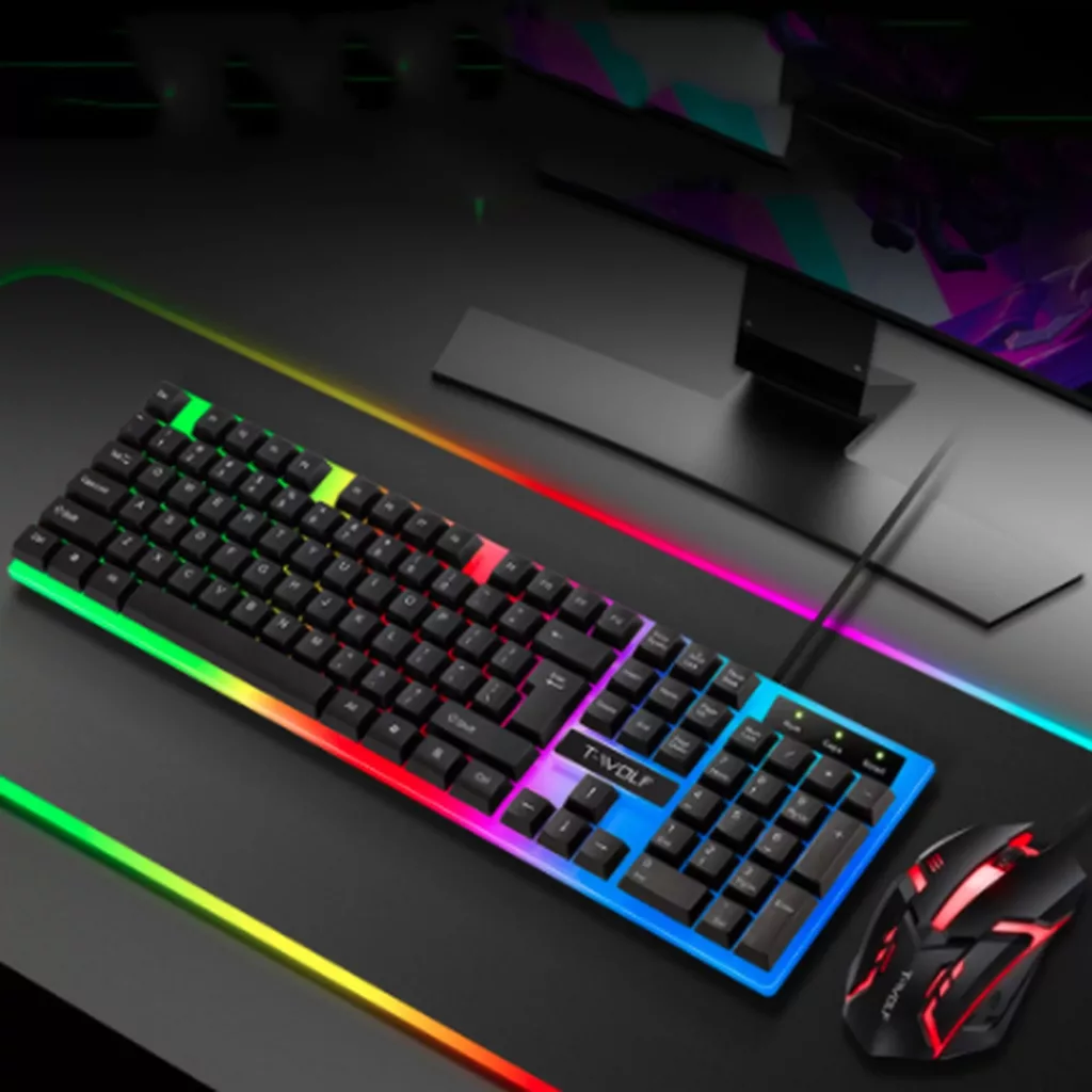 کیبورد و موس مخصوص بازی تی ولف مدل TF230، سوییچ ممبران، Full size، نورپردازی LED RGB