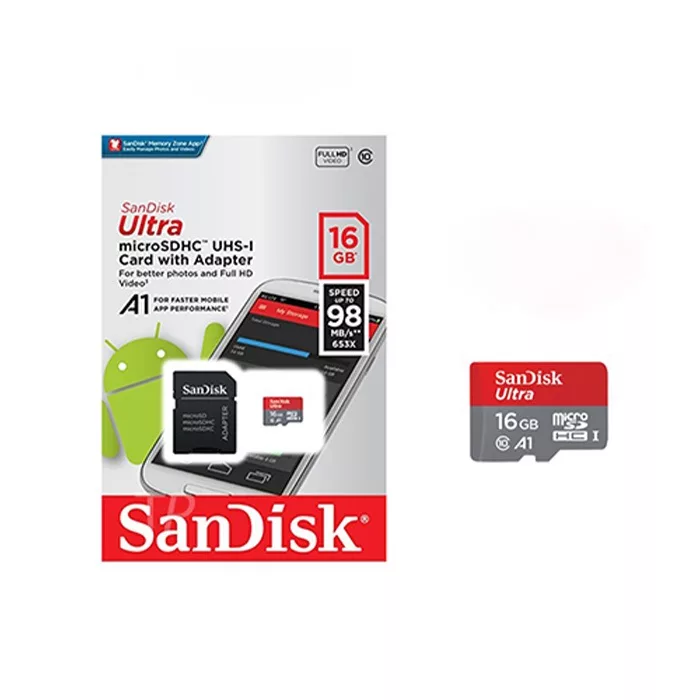 کارت حافظه‌ microSDHC سن دیسک مدل Ultra A1 کلاس 10 استاندارد HC-I A1 سرعت 80 MBps ظرفیت 16 گیگابایت به همراه آداپتور SD