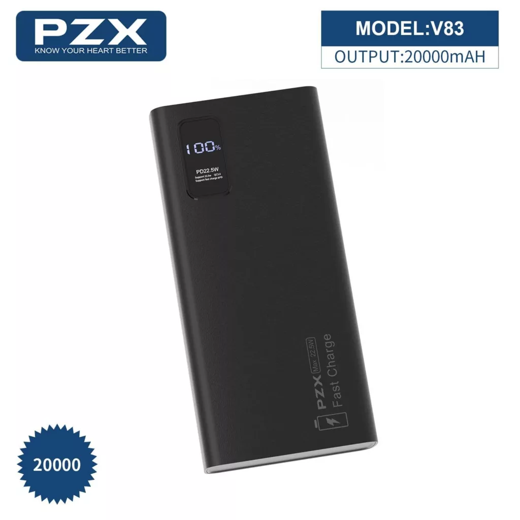 پاوربانک پی زد ایکس مدل V83 Fast Charge 22.5W ظرفیت 20000 میلی آمپر ساعت