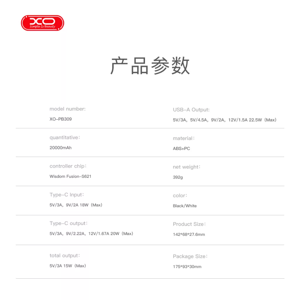 پاوربانک ایکس او مدل PB309 ظرفیت 20000 میلی آمپر ساعت