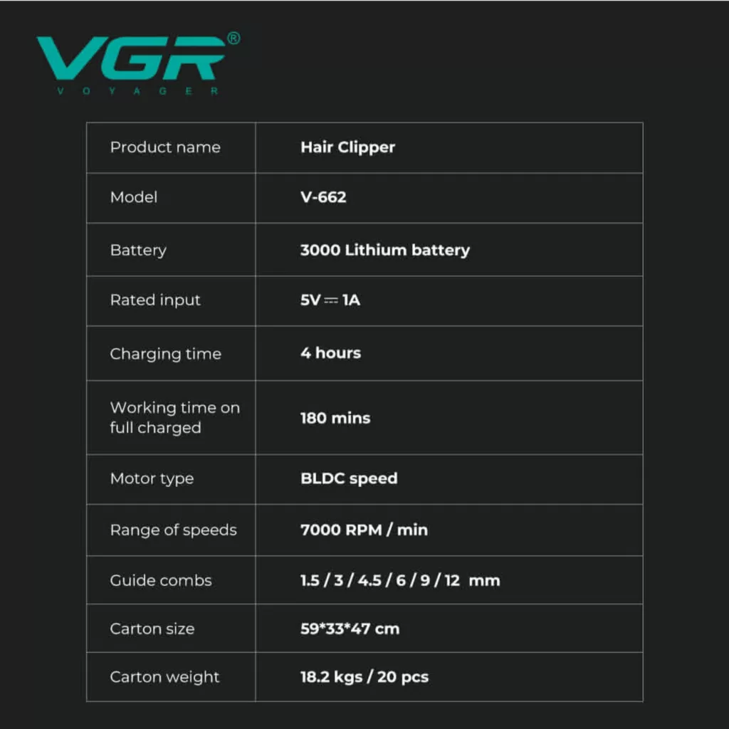 ماشین اصلاح موی سر و صورت شارژی وی جی ار مدل V-662