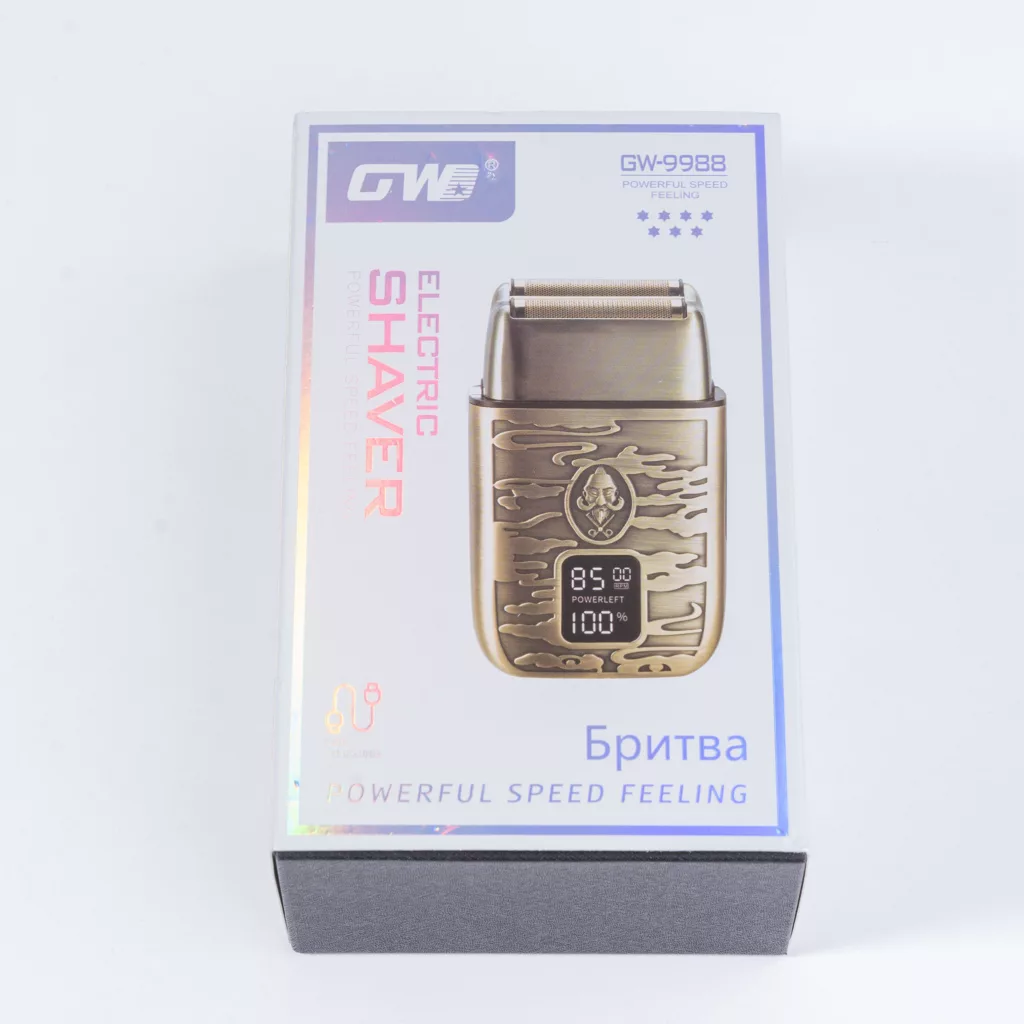 ماشین اصلاح موی صورت جی دبلیو مدل GW-9988، اصلاح به صورت صفر زن، طراحی ارگونومیک، نمایشگر LCD، منبع انرژی با کابل USB، تکنولوژی اصلاح به صورت شیو فویلی