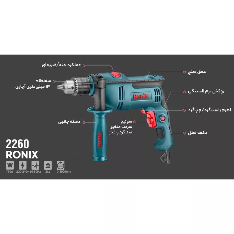 دریل چکشی رونیکس مدل 2260 مجموعه 2 عددی