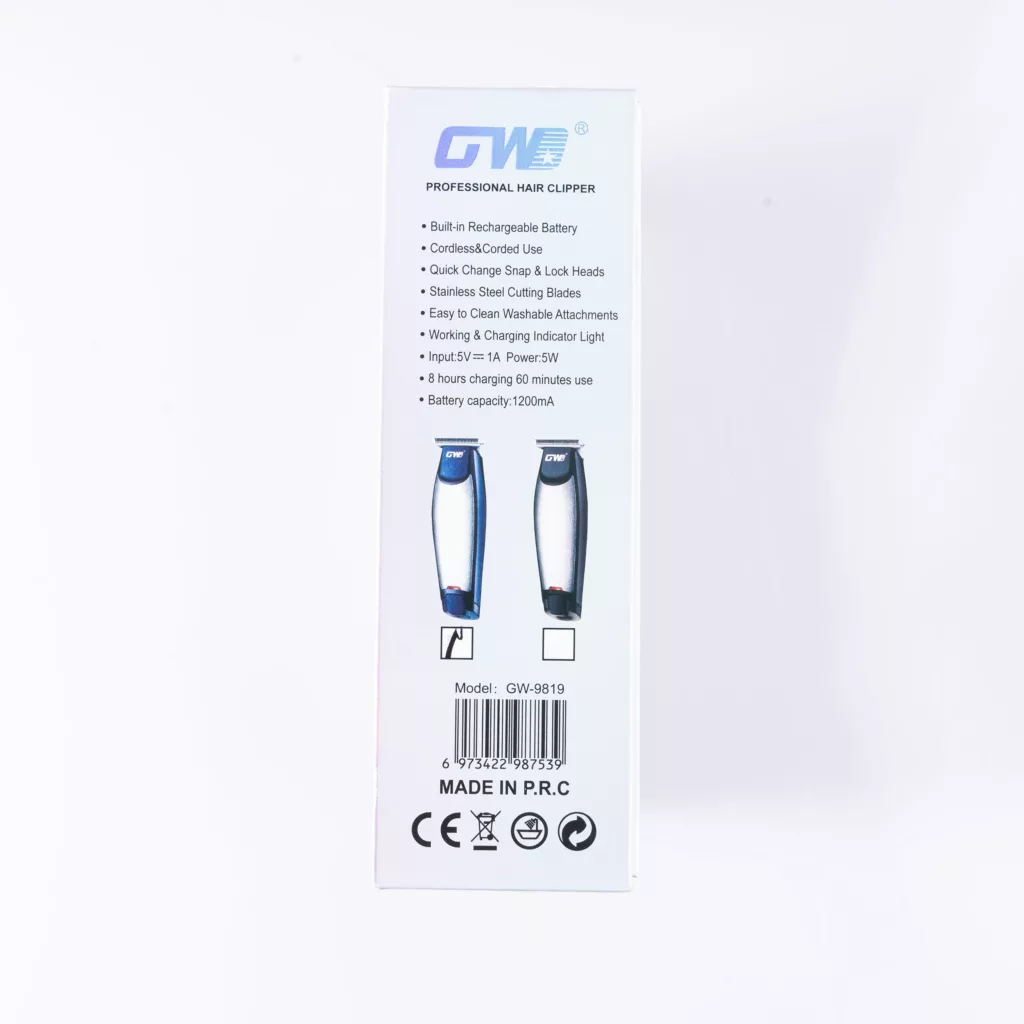 ماشین اصلاح موی سر و صورت شارژی جی دبلیو مدل G-9819، اصلاح به صورت خط زن و صفر زن، منبع انرژی با برق و باتری، تکنولوژی اصلاح به صورت تریمر، اندازه اصلاح 0.1 میلیمتر، مدت زمان شارژ 480 دقیقه و مدت زمان استفاده پس از شارژ 60 دقیقه، به همراه شارژر و روغن