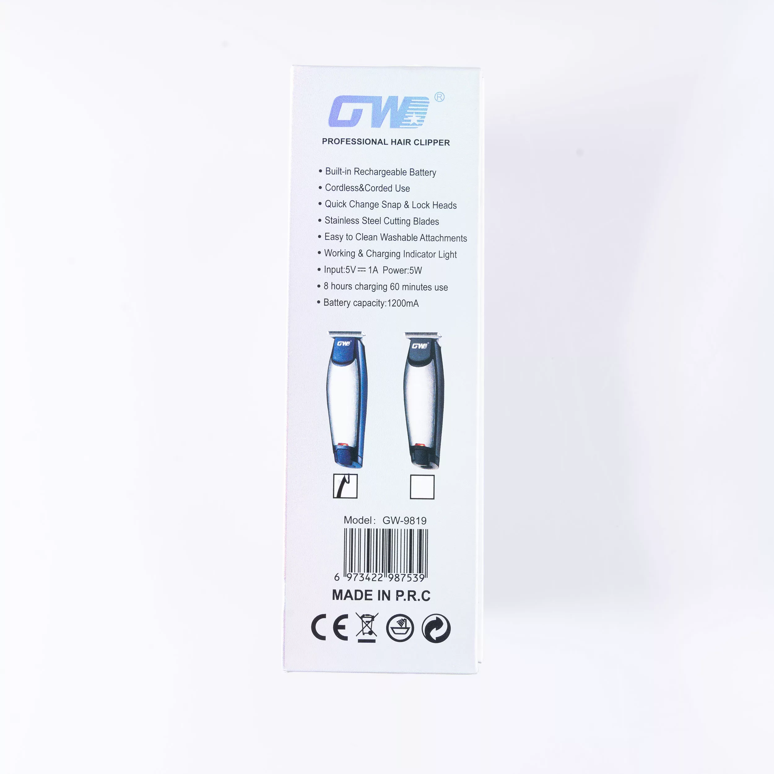 ماشین اصلاح موی سر و صورت شارژی جی دبلیو مدل G-9819، اصلاح به صورت خط زن و صفر زن، منبع انرژی با برق و باتری، تکنولوژی اصلاح به صورت تریمر، اندازه اصلاح 0.1 میلیمتر، مدت زمان شارژ 480 دقیقه و مدت زمان استفاده پس از شارژ 60 دقیقه، به همراه شارژر و روغن