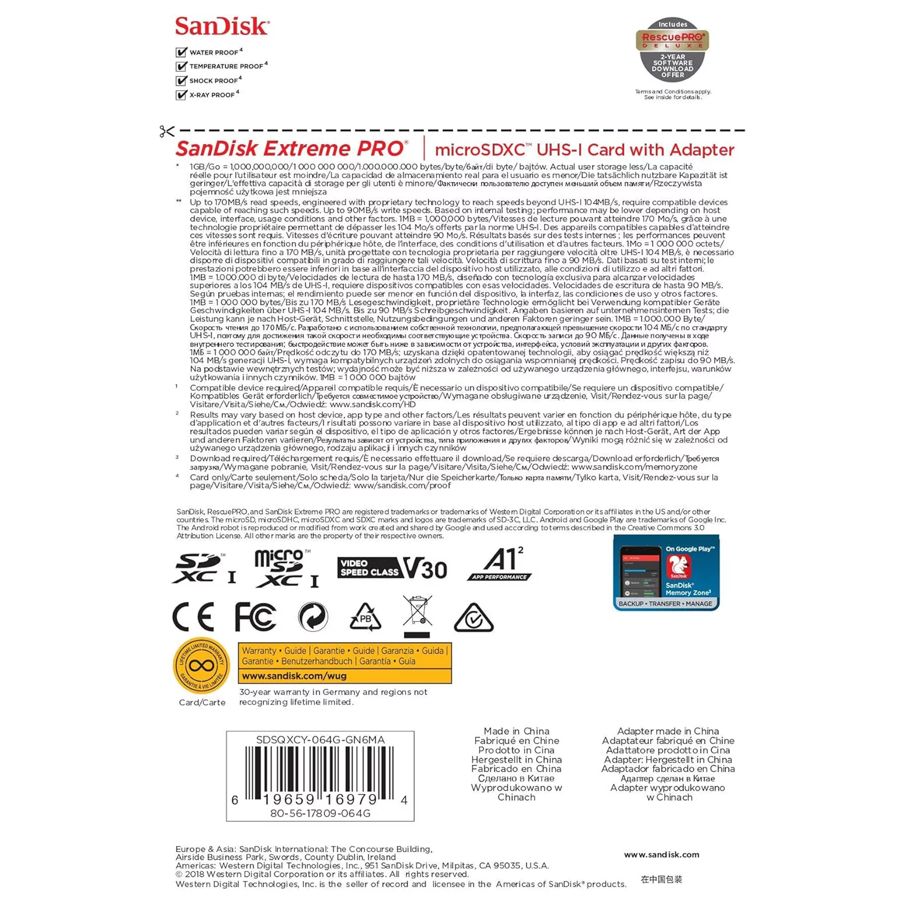 کارت حافظه microSDXC سن دیسک مدل Extreme PRO کلاس A2 استاندارد UHS-I U3 سرعت 170MBps ظرفیت 64 گیگابایت