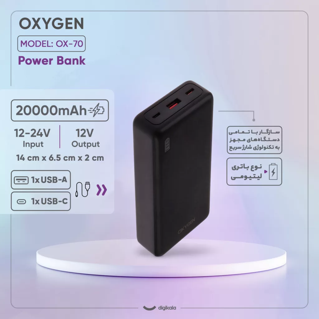 پاوربانک 22.5 وات اکسیژن مدل OX-70 ظرفیت 20000 میلی‌آمپر ساعت