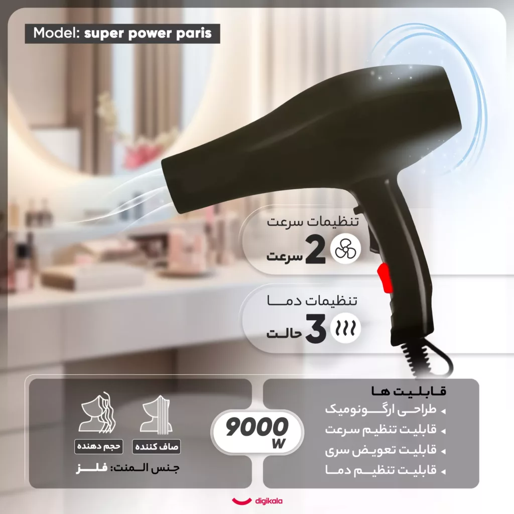 سشوار نیمه حرفه‌ای مدل super power paris، موتور AC، با توان مصرفی 9000 وات، دارای قابلیت صاف‌کننده، فناوری تولید یون، وزن 600 گرم