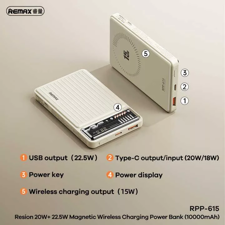 پاوربانک ریمکس مدل MagSafe Wireless Fast Charge RP-615 ظرفیت 10000 میلی آمپر ساعت