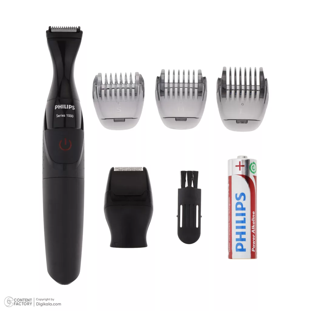 ماشین اصلاح موی صورت و بدن فیلیپس مدل MG1100، اصلاح به صورت تریمر، منبع انرژی باتری AA، تکنولوژی اصلاح به صورت برش مستقیم، به همراه برس تمیز کننده، سه عدد شانه و دو عدد سری، ضد آب و قابل شستشو، جنس تیغه از استیل ضد زنگ