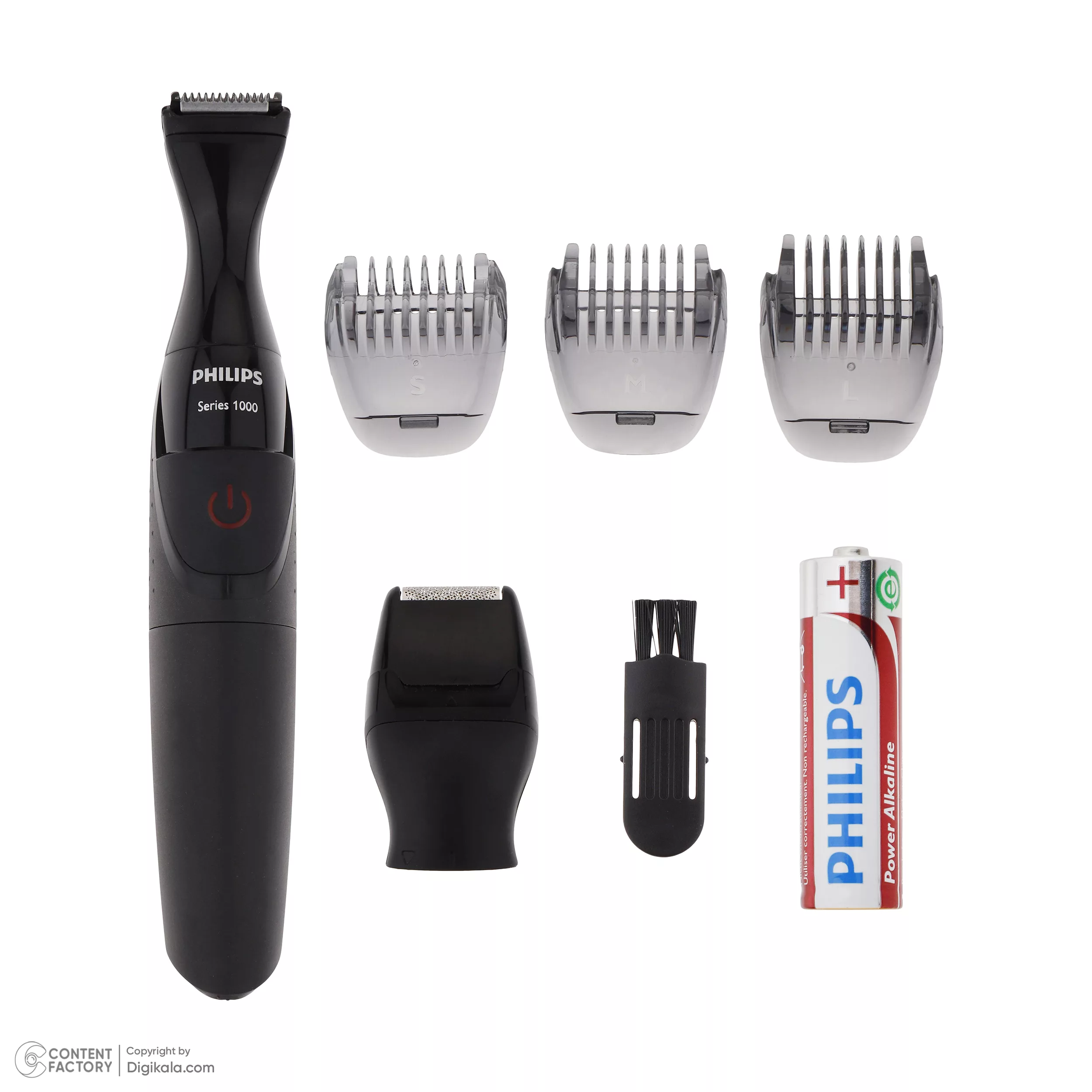 ماشین اصلاح موی صورت و بدن فیلیپس مدل MG1100، اصلاح به صورت تریمر، منبع انرژی باتری AA، تکنولوژی اصلاح به صورت برش مستقیم، به همراه برس تمیز کننده، سه عدد شانه و دو عدد سری، ضد آب و قابل شستشو، جنس تیغه از استیل ضد زنگ