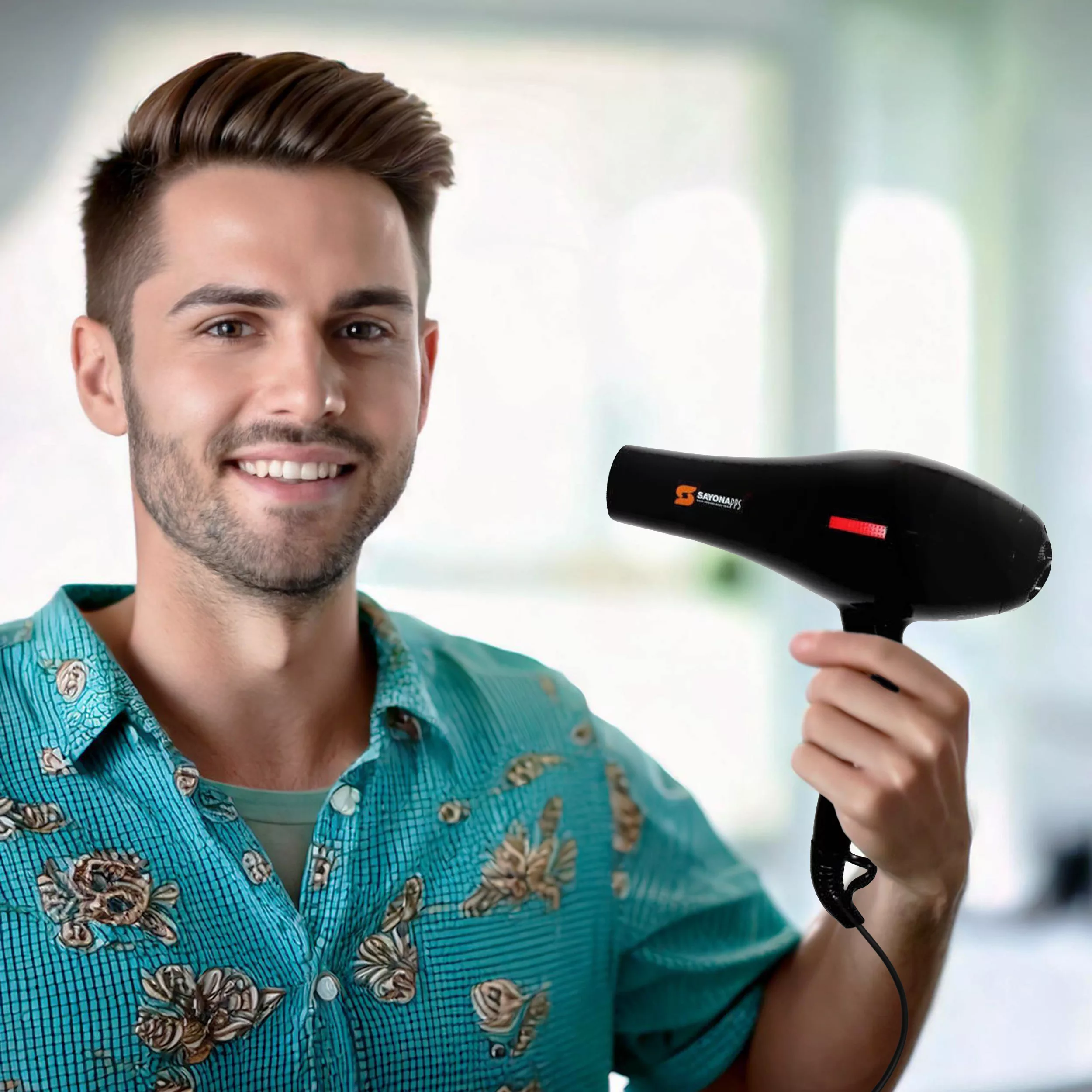 سشوار حرفه‌ای سایونا مدل SY-1200، موتور AC با توان مصرفی 2000 وات، دارای قابلیت تعویض سری و باد سرد، دارای حلقه آویختن، با حالت صاف‌کننده و حجم‌دهنده، وزن 1100 گرم، تنظیم حرارت 3 حالته و کنترل سرعت 2 حالته، به همراه 2 عدد سری متمرکزکننده پهن و باریک