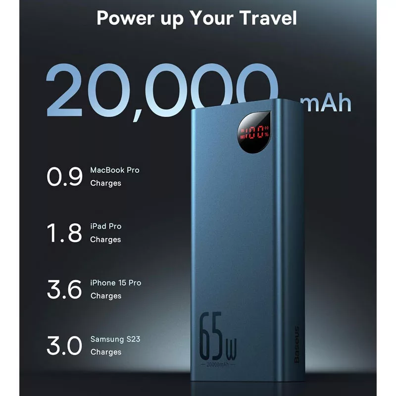 پاوربانک 65 وات بیسوس مدل B08TH ظرفیت 20000 میلی آمپر ساعت به همراه کابل USB-C به USB-A