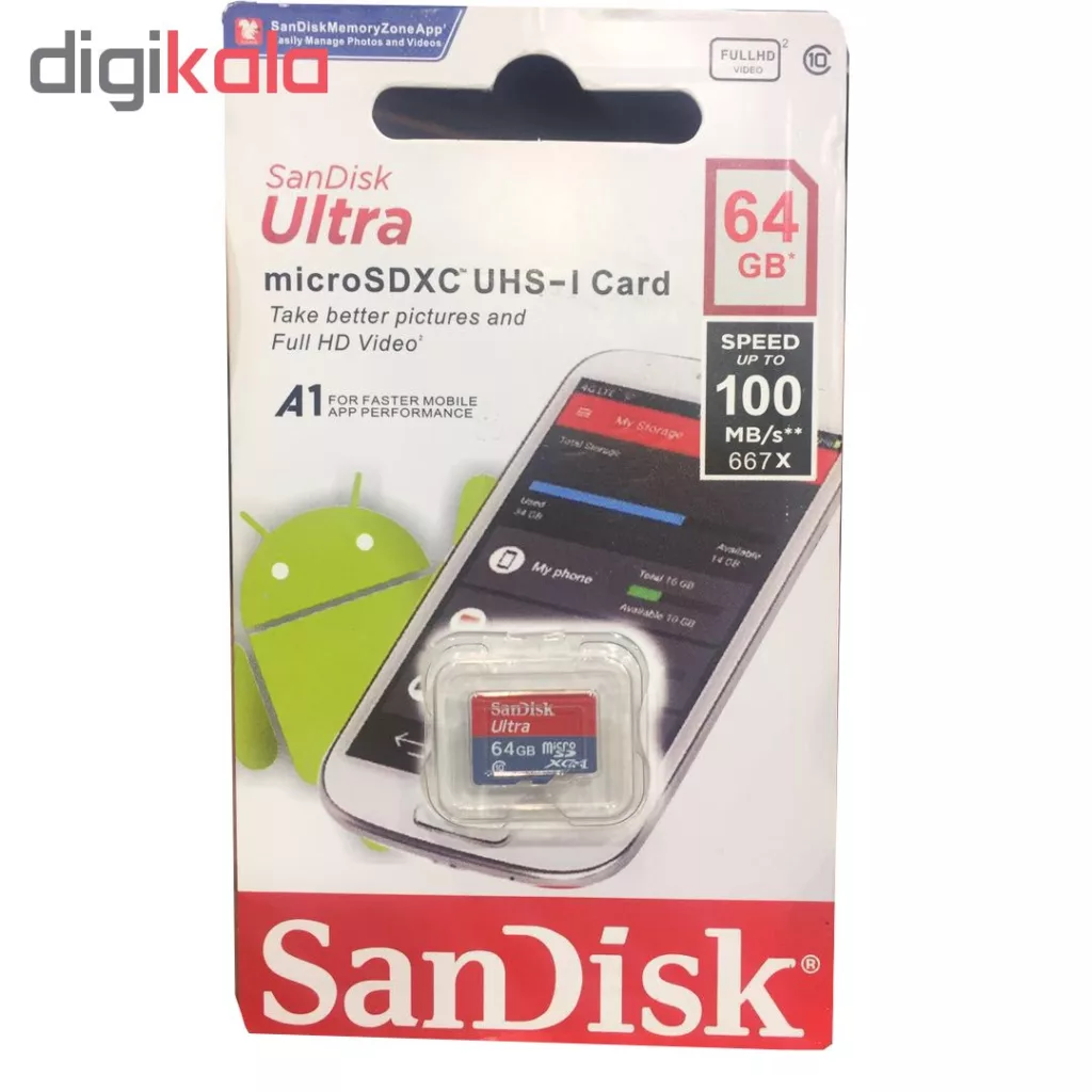 کارت حافظه microSDXC سن دیسک مدل Ultra A1 کلاس 10 استاندارد UHS-I سرعت 100MBps ظرفیت 64 گیگابایت