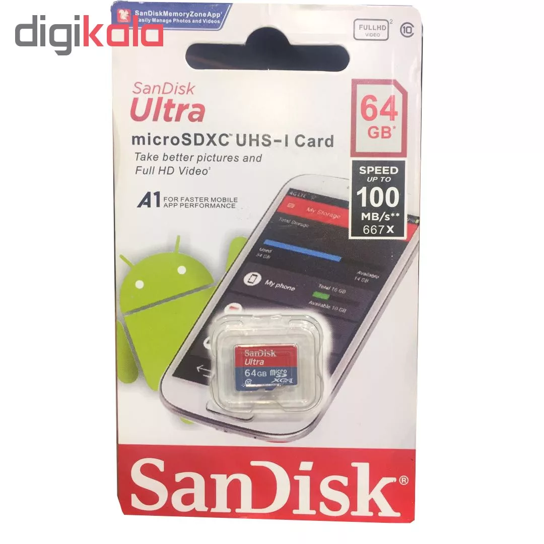 کارت حافظه microSDXC سن دیسک مدل Ultra A1 کلاس 10 استاندارد UHS-I سرعت 100MBps ظرفیت 64 گیگابایت