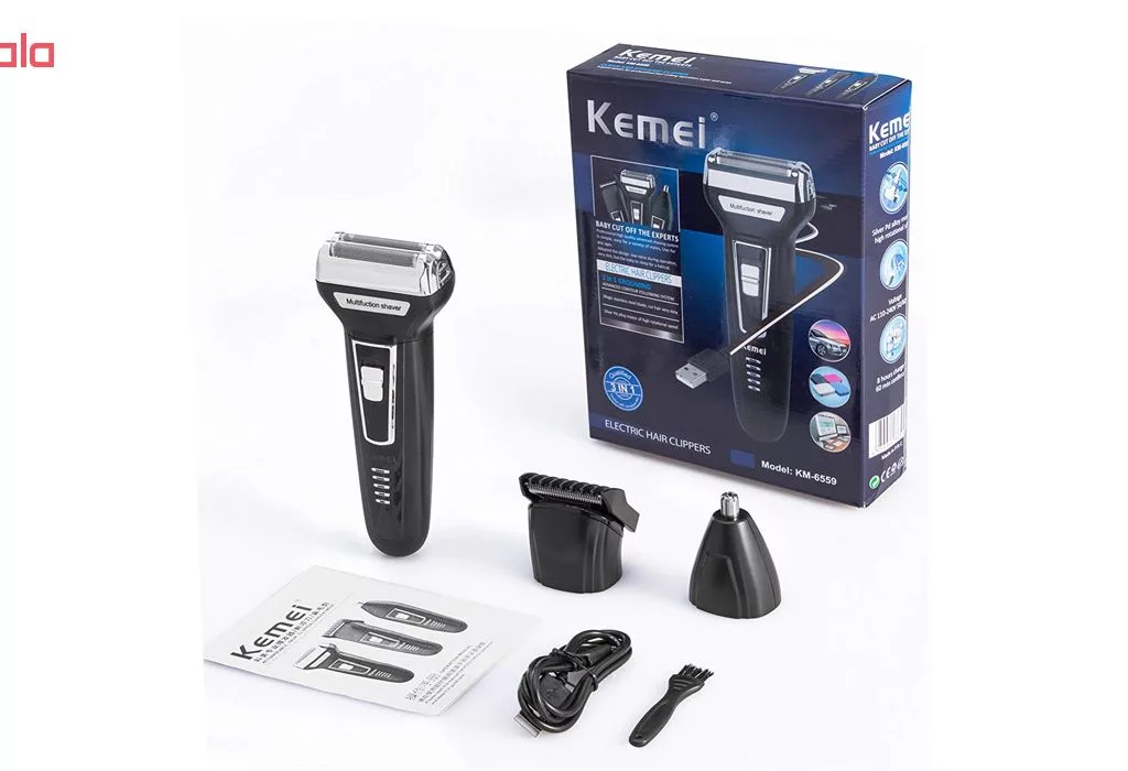 ماشین اصلاح موی صورت کیمی مدل KM-6559، اصلاح به صورت صفر زن، خط زن، دارای سه سری مخصوص برای اصلاح صورت، سر، گوش و بینی، منبع انرژی با کابل USB، تکنولوژی اصلاح به صورت برش چرخشی، مدت زمان شارژ 480 دقیقه و مدت زمان استفاده پس از شارژ 60 دقیقه