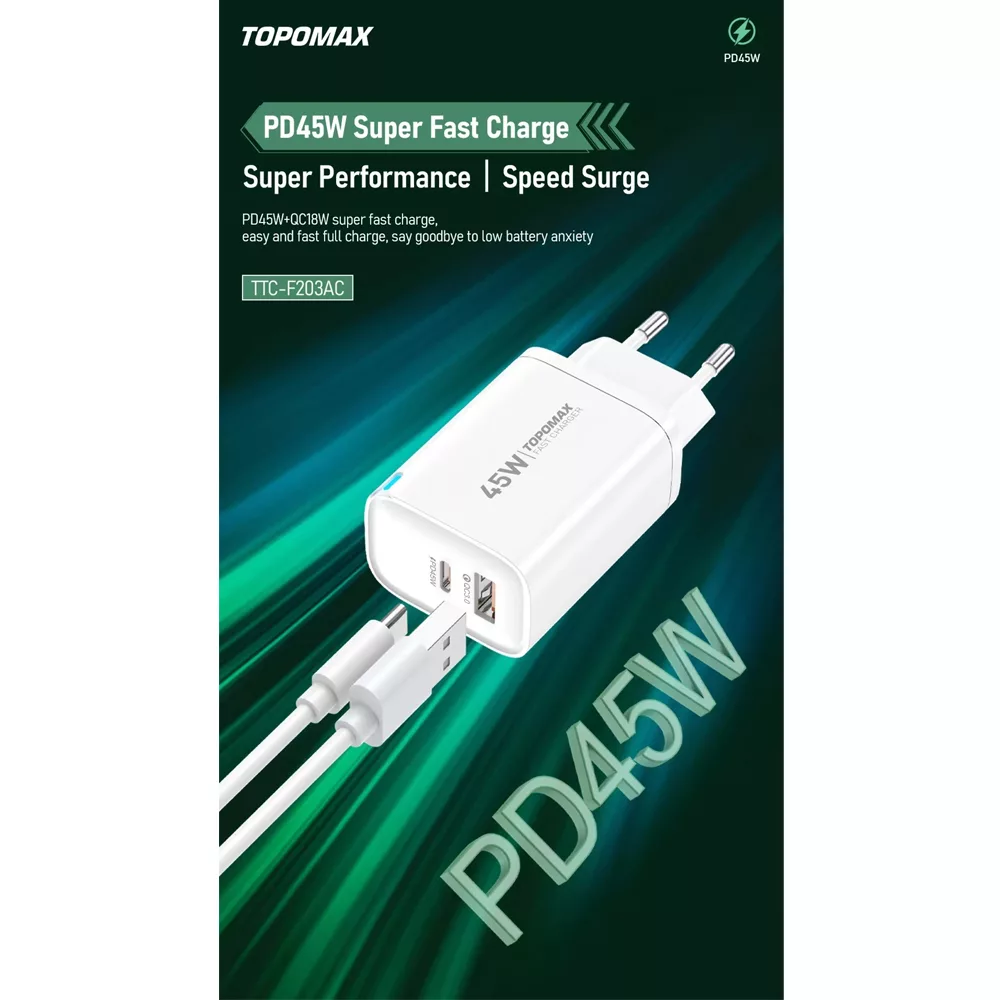 شارژر دیواری 45 وات تاپ مکس مدل TTC-45W 2PORT به همراه کابل تبدیل USB-C