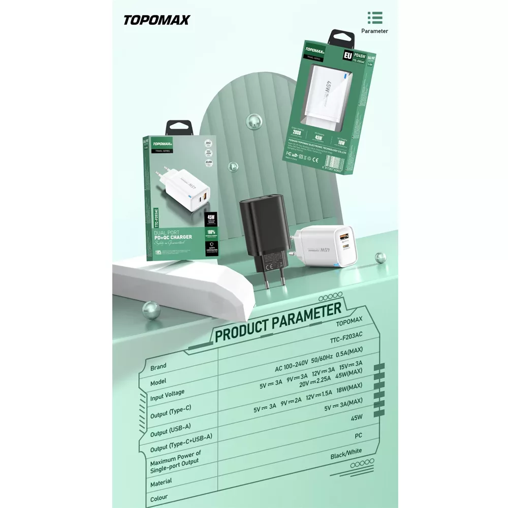 شارژر دیواری 45 وات تاپ‌ مکس مدل F45W EU به همراه کابل USB-C