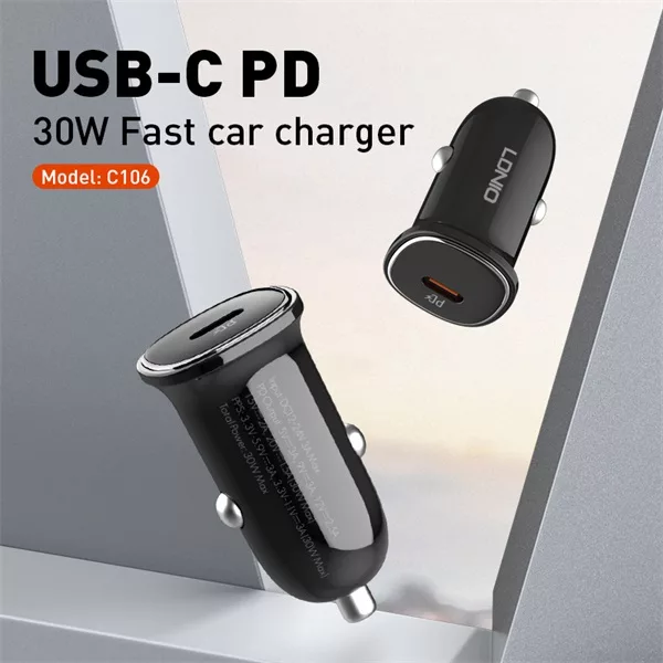 شارژر فندکی 30 وات الدینیو مدل LD-C106 به همراه کابل تبدیل USB-C