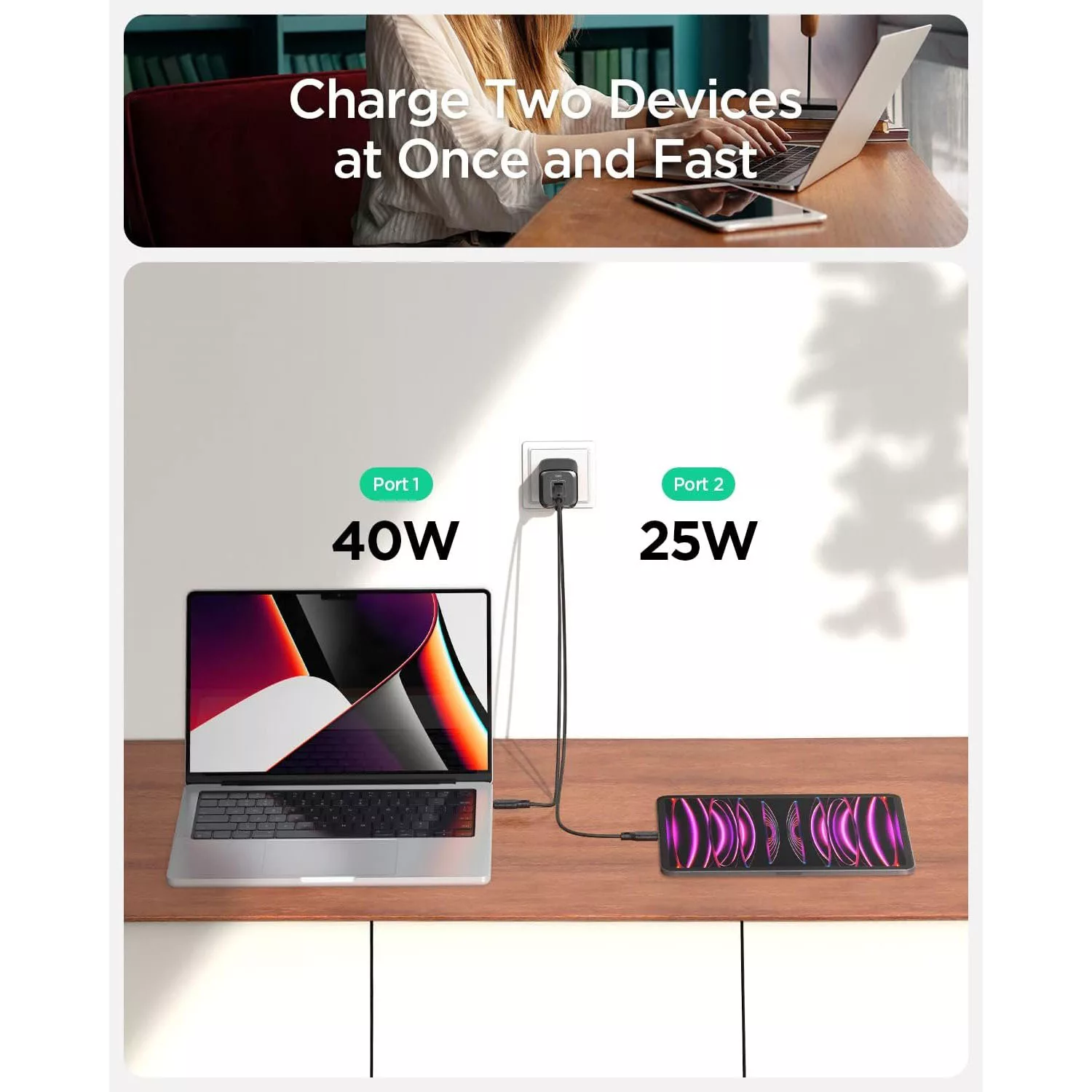 شارژر دیواری 65 وات دو پورت اسپیگن مدل PE2204EU