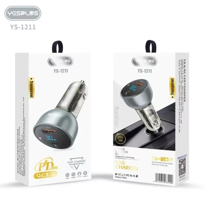 شارژر فندکی 30 وات 2 پورت یس پلاس مدل SUPER FAST 30W به همراه کابل  USB-C