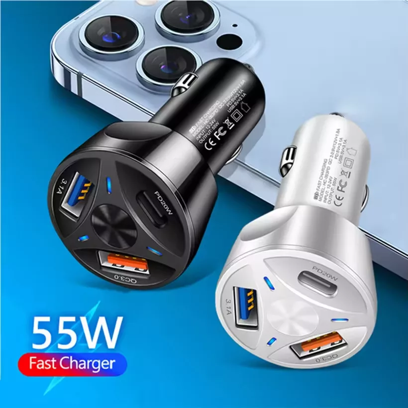 شارژر فندکی 55 وات سه پورت مدل MLE-003 به همراه کابل USB-C