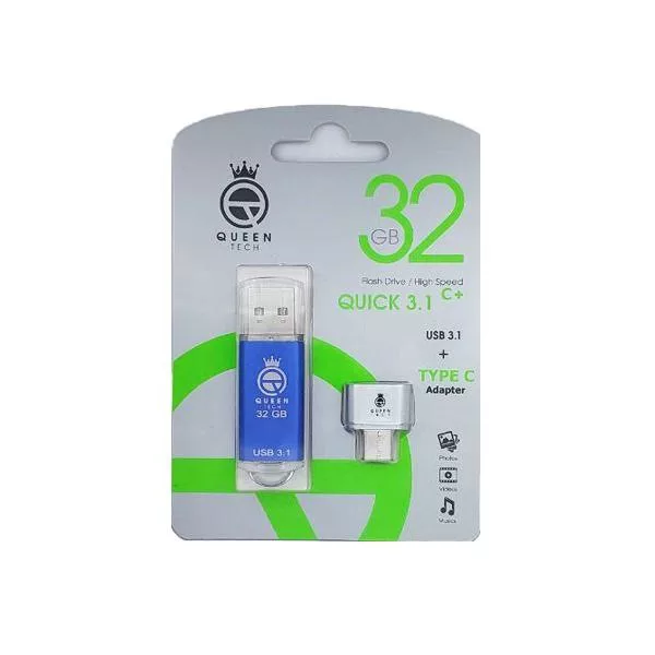 فلش مموری کوئین تک مدل QUICK USB3.1 CPLUSظرفیت 32 گیگابایت به همراه مبدل USB-C