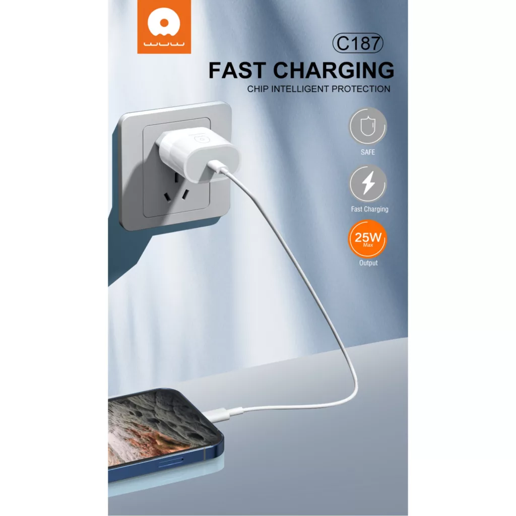 شارژر دیواری 25 وات دبلیو یو دبلیو مدل C187 به همراه کابل تبدیل USB-C
