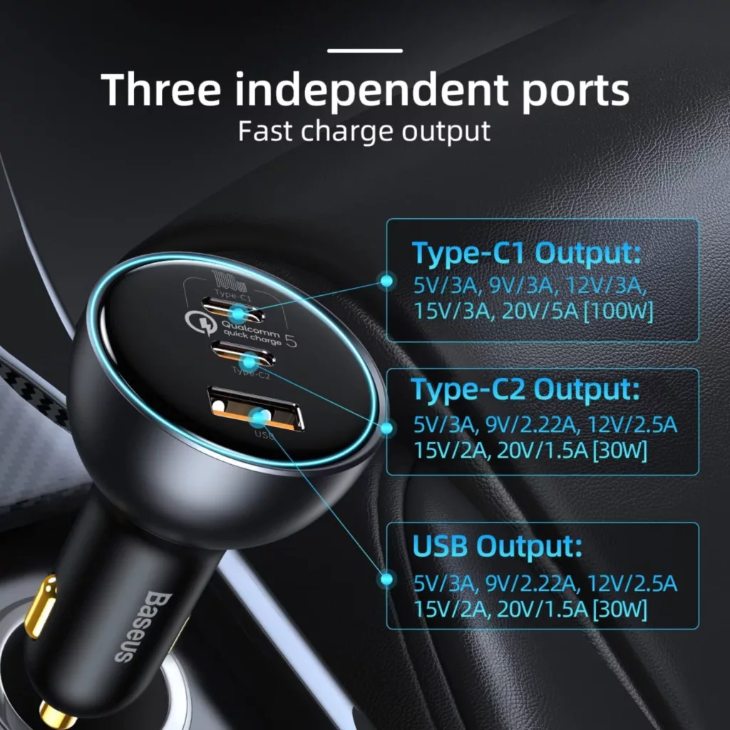 شارژر فندکی باسئوس مدل Multi-port Fast Charge 160W به همراه کابل تبدیل Usb-c