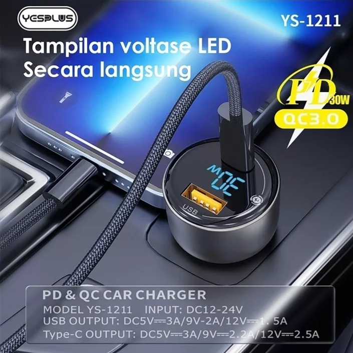 شارژر فندکی 30 وات 2 پورت یس پلاس مدل SUPER FAST 30W به همراه کابل  USB-C