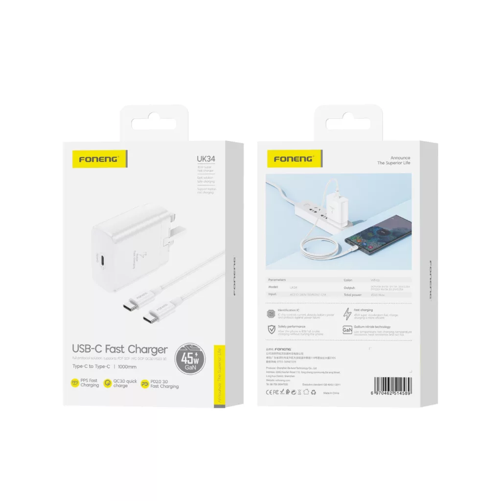 شارژر دیواری 45 وات فوننگ مدل S24 ULTRA به همراه کابل تبدیل USB-C