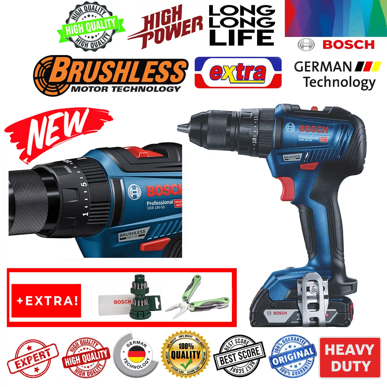 پیچ گوشتی چکشی شارژی بوش مدل براشلس GSB 18V-50 +2 Extra
