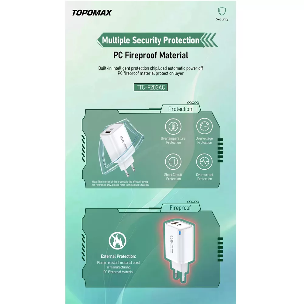 شارژر دیواری 45 وات تاپ مکس مدل TTC-45W 2PORT به همراه کابل تبدیل USB-C